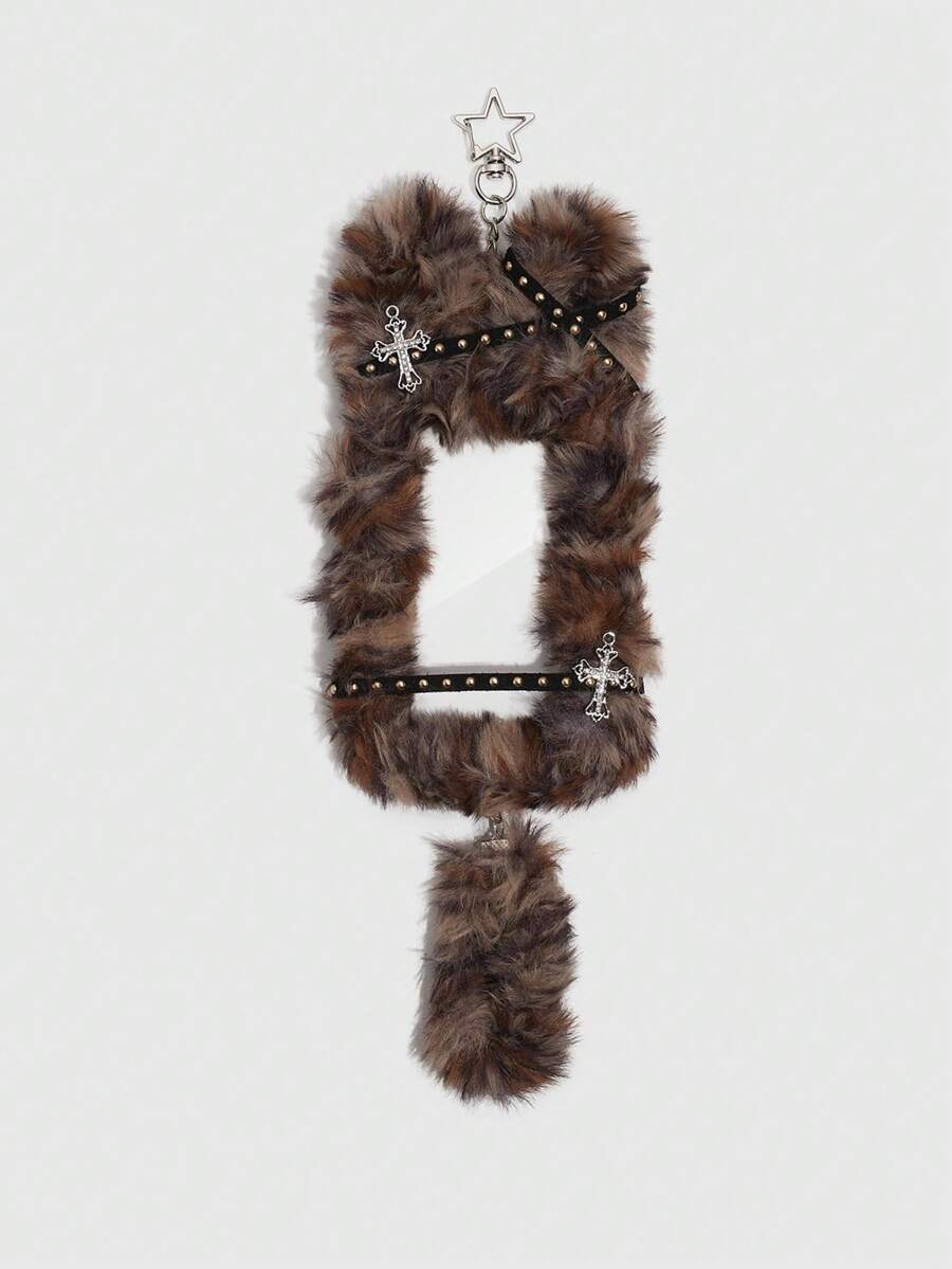 ROMWE Kawaii 1 件可爱豹纹毛绒猫钥匙扣、朋克铆钉装饰卡夹、Y2K 偶像 3 英寸卡片装饰包饰 - 棕色 - 查看 1