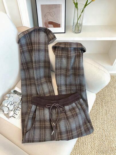 Resyla 女式蓝色和咖啡色格子印花抽绳腰休闲裤