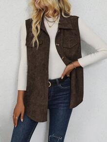 SHEIN LUNE 女士休闲无袖夹克，纯色，秋季 - 棕色 - 查看 5