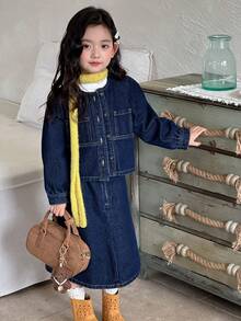 DAZY 女童牛仔上衣和裙子套装 - 藍色 - 查看 5