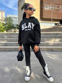 SHEIN Tween 女童数字印花连帽运动衫和慢跑裤套装，休闲百搭，适合日常穿着 - 黑色 - 查看 3