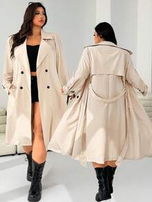 SHEIN EZwear 大码女式纯色翻领长袖双排扣休闲长款风衣外套，秋季 - 摩卡棕 - 查看 1