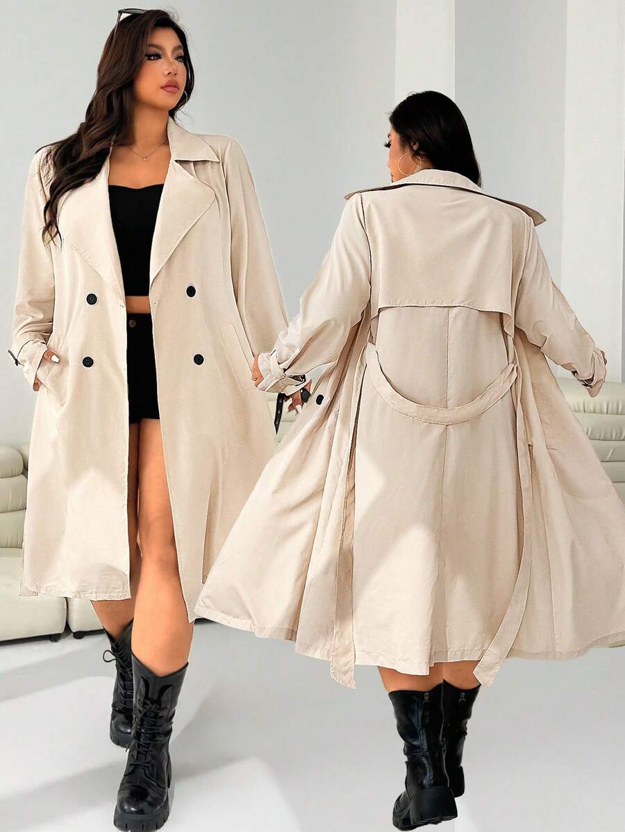 SHEIN EZwear 大码女式纯色翻领长袖双排扣休闲长款风衣外套，秋季 - 摩卡棕 - 查看 1