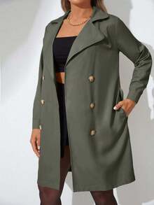 Women's Solid Color Double-Breasted Belted Long Sleeve Trench Coat - Olive Green - View 4