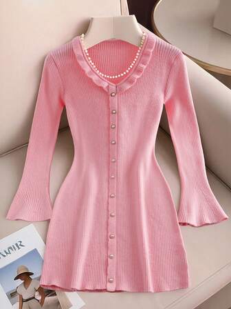 Regalyn Vestido de punto elegante con mangas acampanadas, parches de unicolor, volantes y decoración de perlas falsas para mujer talla grande, otoño/invierno