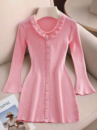 GlowEve CURVE Plus Size Women Solid Color Patchwork Ruffle Faux Pearl Decor Flare Sleeve Elegant Knitted Dress, Autumn/Winter