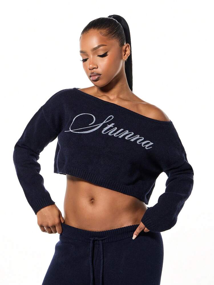 SUMWON WOMEN Off Shoulder Cropped Knit Sweater With Script