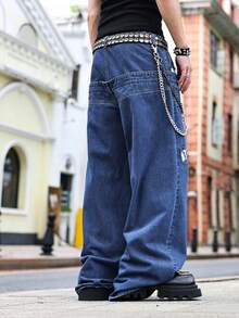 ROMWE MEN Street Life Men's Washed Double Waistband Wide Leg Jeans - Blue - View 2