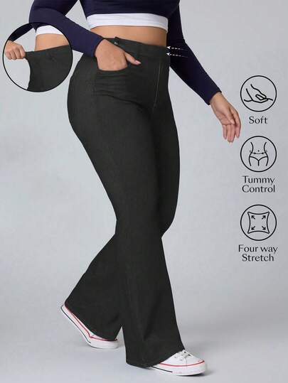 Flexra Jeans acampanados de mezclilla azul talla grande para mujer en invierno, elásticos y estilizadores