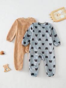 2pcs Baby Boys Khaki & Gray Bear Embroidery Design Casual Plush Thickened Long Sleeve Romper Pajamas, Suitable For Autumn/Winter Sleeping Wear Baby Baby Bear Clothes Woodland Baby Clothes Super Soft Baby Clothes Neutral Baby Clothes Unisex - Multicolor - View 2