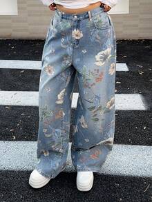 Dazy Plus Valentine Floral Print Straight Leg Long Plus Size Women Jeans - Light Wash - View 9