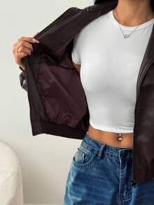 SHEIN PETITE Giacca in pelle PU invecchiata da donna, adatta per l'autunno e l'inverno, casual e di aspetto elegante - Moka Marrone - Visualizzare 10