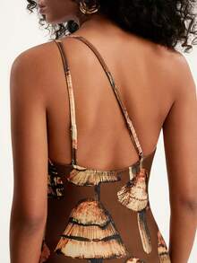 CAJUNI Women's Casual Vacation Asymmetric Mushroom Print Dress, Suitable For Dates, Boho Style, Brown Dress Brown Dress, One Shoulder Dresses, Brown Bodycon Dress, Brown Dress Women - Coffee - View 2