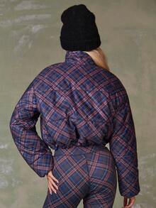 Athîral 女士菱形图案拉链高领长袖夹棉大衣 - 藏蓝色 - 查看 4