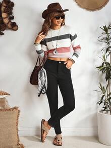 EMERY ROSE 女式纯色前扣简约修身休闲牛仔裤 - 黑色 - 查看 6