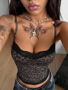 Coolane 女士四季街头服饰 Y2K Gyaru 日常穿着基本款豹纹撞色蕾丝蝴蝶结修身背心 - 棕色 - 查看 5