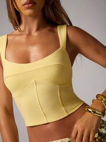 Avenya Women's Golden Yellow Square Neck Halter Bodycon Camisole Top & Gold Sequin Low Waist Mini Skirt Set,Summer 70s Night Out Party Clubwear Outfits - Yellow - View 2