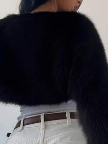 SHEIN SXY 性感可爱白色圣诞仿皮草披肩外套，秋冬时尚黑白上衣优雅休闲皮草上衣女士冬季仿皮草外套 - 黑色 - 查看 7