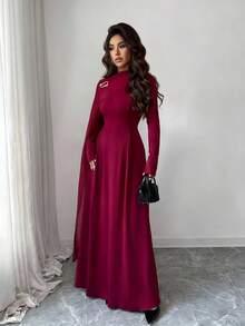 Islaluna Robe élégante urbaine en mousseline de soie avec patchwork, col montant, manches longues, coupe évasée, avec décoration de broche en métal. Convient pour la remise des diplômes, les événements de vacances, les sorties, les mariages, l'automne/hiver