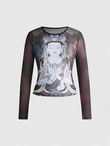 ROMWE Avant Vintage Chinese Style Buddha Print Tight Fit Women Long Sleeve T-Shirt - Multicolor - View 1