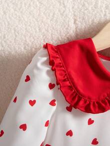 Vestido novo de outono para meninas, 1 peça, gola com estampa de coração vermelho, manga comprida vermelha, zíper nas costas, punho e bainha elásticos, duas camadas, simples e fofo, versátil, adequado para o dia dos namorados, passeio, festa, escola, estilo princesa - Vermelho - Ver 7