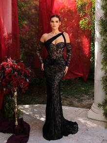 Glamrae Đầm maxi dài tay dáng đuôi cá bằng vải ren đen sang trọng, thời trang, quyến rũ, có phần thân trên, thích hợp cho kỳ nghỉ, đám cưới, tiệc độc thân, dạ hội, lễ hội, ngày Valentine. - màu đen - Xem 3