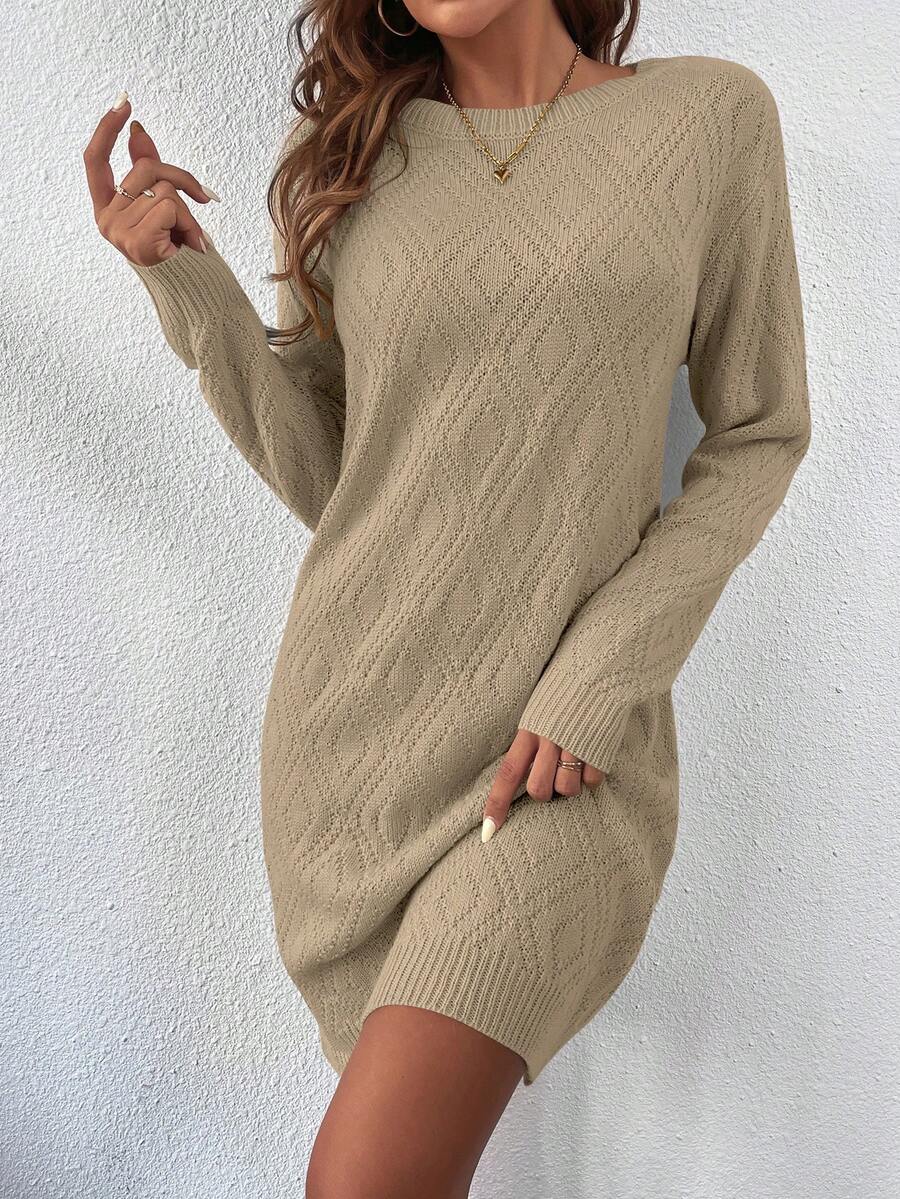 SHEIN LUNE 女式圆领纯色落肩长袖休闲针织毛衣 - 杏色 - 查看 1