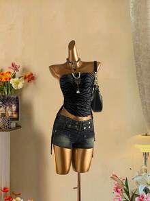 Attitoon 女式休闲斑马纹抽绳系带短款吊带背心，春夏季时尚 - 深灰色 - 查看 6