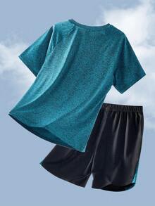 SHEIN Tween Boy Colorblock Pattern T-Shirt & Shorts Sports Outfit 2pcs Set - Blue - View 2