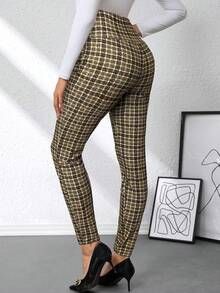 Ellevyn 女式优雅格子印花金属扣装饰黑白高腰修身针织裤，夏季 - 卡其色 - 查看 2