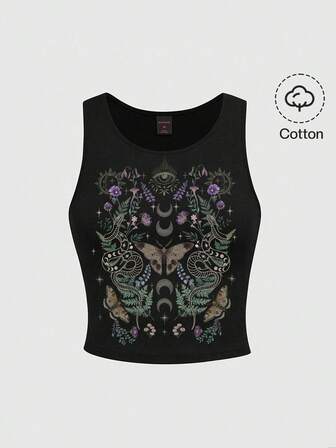 Goth Top sin mangas negro con diseños góticos misteriosos de mariposa, murciélago, sol, luna, estrella y planta para mujeres con estilo hippie y bruja