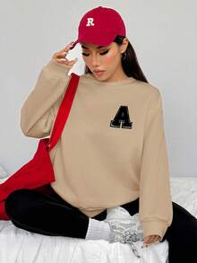 SHEIN EZwear 女士秋冬新款运动卫衣和紧身裤套装 - 卡其色 - 查看 4