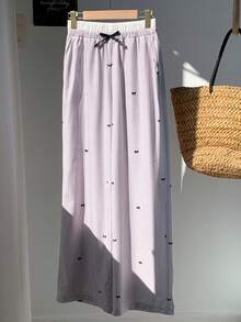 Comfortcana 女士蝴蝶结装饰条纹阔腿宽松休闲裤 - 粉色 - 查看 4