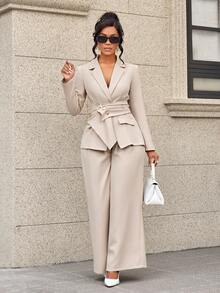 SOLERSUN 2pcs/Set Women Autumn/Winter Office Wear Solid Color Long Sleeve New Style Lapel Neck Flap Detail Belted Blazer Jacket And Pants Suit, Business Casual, Elegant,Wrap Daily Commuting,Going Our,Casual,Halloween Winter Women Clothes Thanksgiving Women Outfit