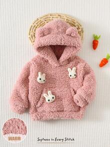 Cozy Pixies Baby Girl Cartoon Rabbit Applique Thermal Lined Hooded Long Sleeve Pullover Sweatshirt - Pink - View 7
