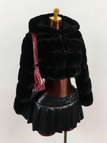 Y2K Amplova Women's Solid Color Long Sleeve Zip-Up Hooded Faux Fur Trim Short Jacket, Winter, Autumn/Winter Thanksgiving And New Year Party Dress - Black - View 6
