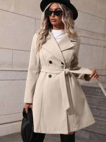SHEIN PETITE Women's Casual Double-Breasted Overcoat, Autumn/Winter - Beige - View 6