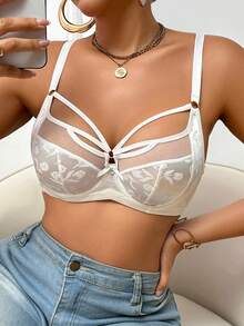 1 件女士花卉提花镂空设计时尚钢圈文胸 - 白色 - 查看 7