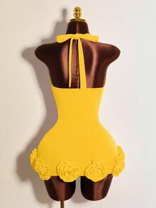 Mistrie Váy cổ yếm họa tiết hoa 3D ren tương phản gợi cảm dành cho nữ, mùa hè - Màu vàng - Xem 2