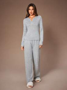 Lazeform Soft Light Gray Fabric Decorated Button Top & Pants Casual Slim Fit Pajama Set, Winter Clothes - Light Grey - View 4