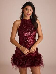 Enchnt Abito mini senza maniche con patchwork di paillettes, moda per feste