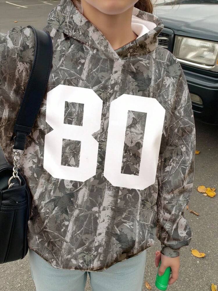 Tween Girl Casual Loose Fit Sweatshirt With Number 80, Camouflage & Withered Leaf Print, College Style, Comfortable For Autumn/Winter, Suitable For Outings, Street Style, Home Wear, Boho - Multicolor - View 3