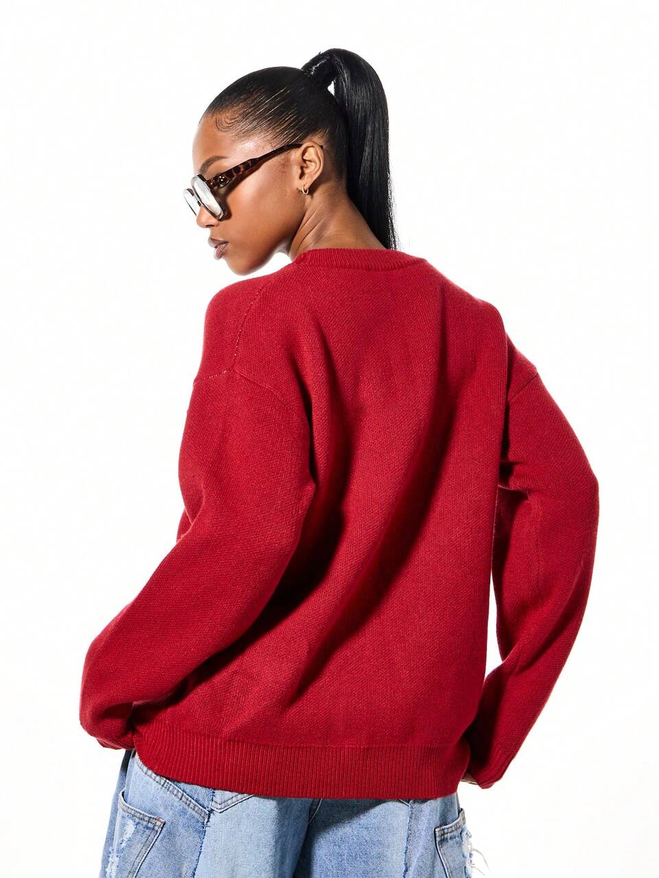 SUMWON Oversized Knitted Crew Neck Sweater With Number Print For Fall Winter Casual Wear