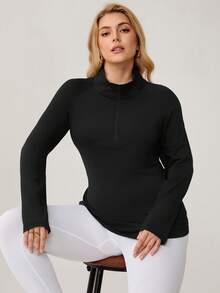 Auralis Athleisure Plus Size Women Half Zipper Long Sleeve Sports T-Shirt, Black T-Shirt For Women, Black Sweatshirts, Jogging Outfits, Women's Sportswear For Fall/Winter - Black - View 7