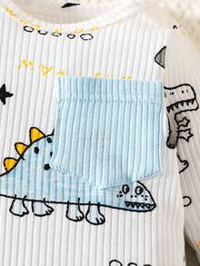 SHEIN 新生男宝宝白坑图案卡通恐龙图案印花拼接绿口袋长袖上衣配绿裤两件套可爱休闲运动时尚新品 - 藍色 - 查看 7