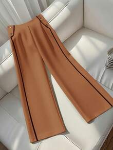 GlowEve CURVE Plus Size Women Casual Contrast Trim Straight Leg Pants - Brown - View 5
