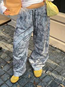 Dazy Plus Asymmetrische Batik-Elastikbund Kordelzug Loose Street Style Große Größen Frauen Plissee Lang Jogginghose - Grau - Übersicht 7