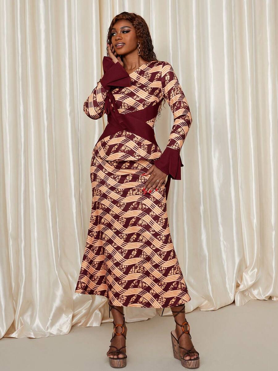 Eryvara 女士优雅时尚简约百搭通勤修身菱形格子撞色袖口蝴蝶结两件套，秋冬 - 彩色 - 查看 1