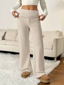 SHEIN PETITE 女式休闲通勤宽松阔腿裤，翻边腰身和拼色条纹图案 - 卡其色 - 查看 5