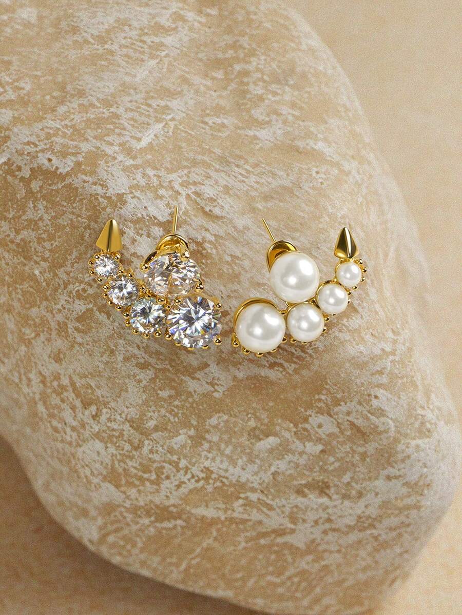 Opalesca 不对称珍珠耳环，前后闪烁设计，女士耳环 - 金色 - 查看 1